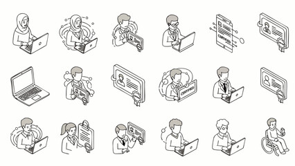 Isometric line art icons of diverse people using laptops, computers, and mobile devices for online work, communication, and digital social media. © welove