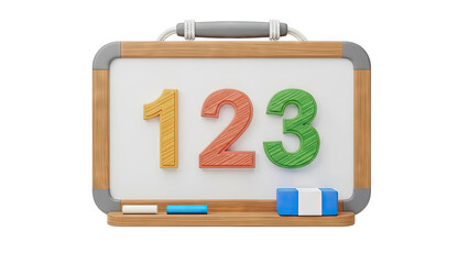 Educational whiteboard with numbers 1, 2, 3 and learning supplies