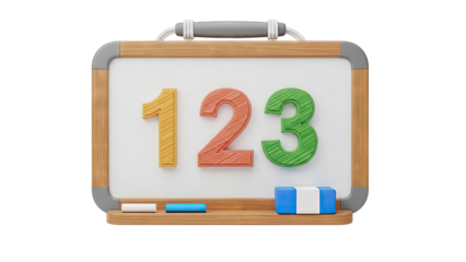 Educational whiteboard with numbers 1, 2, 3 and learning supplies