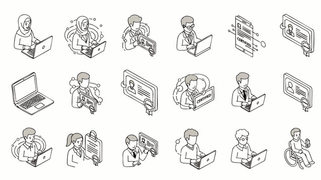 Isometric line art icons of diverse people using laptops, computers, and mobile devices for online work, communication, and digital social media.