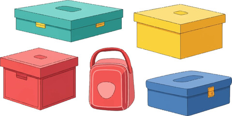 Vibrant cartoon illustration of five colorful storage containers four boxes and one lunch bag, on white