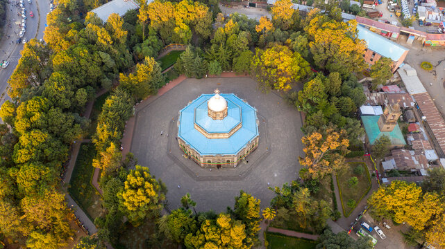 : Aerial view of the octagonal St. George's Cathedral, Addis Ababa, Ethiopia