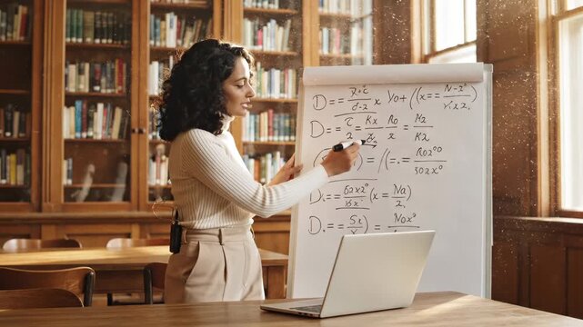 Teacher writes math equations on whiteboard in library classroom. Woman explains math formulas near laptop. Teacher presents equations in library. Math lesson with whiteboard and formula teaching.
