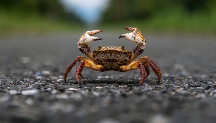 Ground level view of crab showing marine animal interaction with land environment