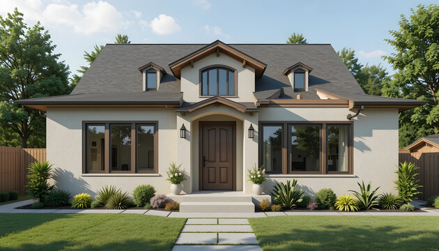 Cream Stucco House With Arched Window And Dormers image photo