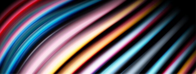 Abstract colorful lines curve diagonally across black background. Bright shades blend, creating dynamic visual effect. Smooth gradients dominate composition.