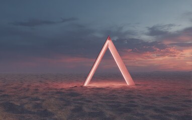 Glowing geometric triangle floating above cloudscape at dusk
