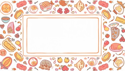Bakery food border illustration with assorted pastries breads and desserts framing blank area for menu and print design