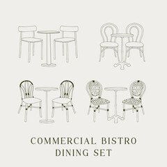 isolated commercial bistro dining set furniture set in minimal flat line art style element collection. Classic cafe and restaurant chairs and round table illustration with clean hand-drawn outlines