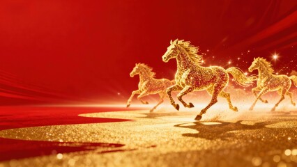 Golden glittering horses running across a shimmering golden path against a vibrant red background