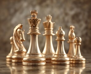 Golden chess pieces arranged in a strategic formation on a textured surface