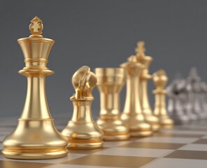 Golden chess pieces arranged on a chessboard representing strategy and competition