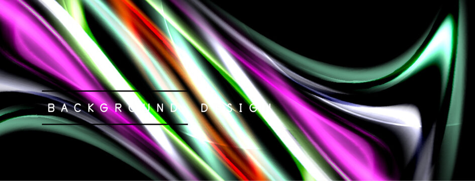Abstract colorful waves flow across black background. Dynamic lines create modern visual effect. Bright gradients, smooth curves present.