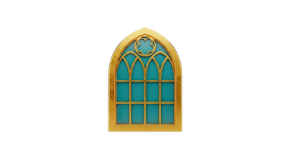 Gothic Window with Gold Frame and Teal Panes
