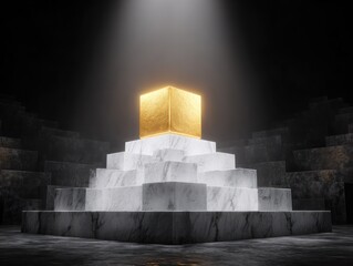Golden cube illuminated on marble staircase in dark setting