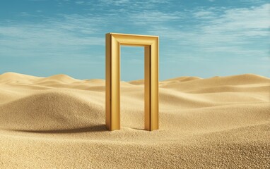 Golden doorway stands alone amid desert sand dunes under a clear blue sky