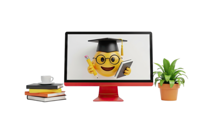 Graduation Emoji on Computer Screen, Books, Coffee, and Plant