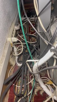 Cables el&eacute;ctricos enredados y enchufe con conector del televisor