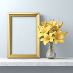 Golden picture frame and yellow lily flowers in a glass vase on shelf