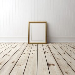Golden picture frame leaning against white wall on wooden floor