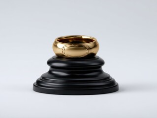 Golden ring displayed on black pedestal against a white background