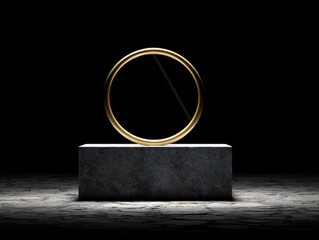 Golden ring displayed on a concrete pedestal against a dark backdrop