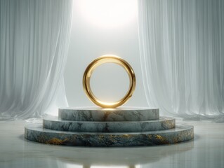 Golden ring on marble pedestal against white curtains background