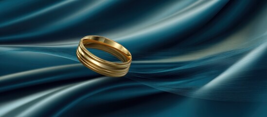 Golden ring on a flowing fabric background concept for weddings and commitment