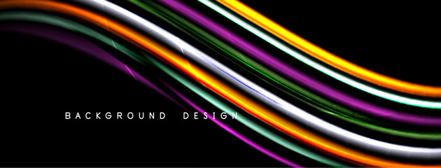 Abstract flowing lines create dynamic, colorful waves against black backdrop. Modern design element for digital projects.