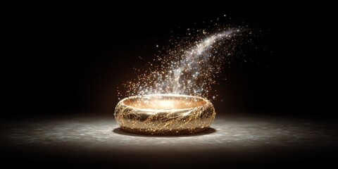 Golden ring with magical particles isolated on a dark background concept