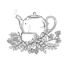 Astragalus Tea in Teapot aroma beverage Outline Illustration. Vector isolated for Design and Decoration for Cafeteria, Posters, Banners, Cards.