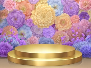 Golden stage display with colorful floral backdrop for product presentation