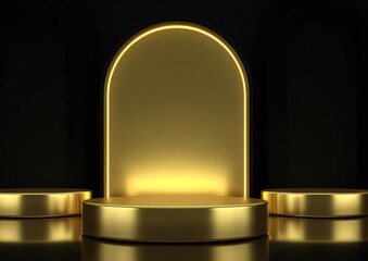 Golden stage podiums for product display with elegant arch and dark background