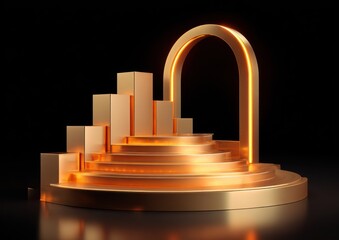 Golden stage with arc and steps for product display on black background
