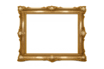 Ornate gold picture frame with baroque rococo style detailing on transparent background isolated object