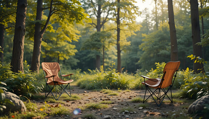 Two empty camping chairs in a sunlit forest clearing woods nature