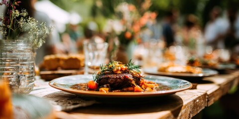 Gourmet meal on plate set on wooden table at outdoor event