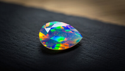 Mesmerizing pear-shaped opal gemstone with a brilliant play-of-color, displaying vibrant iridescence and captivating hues on a dark, elegant surface