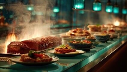 Gourmet meal preparation with assorted dishes and culinary elements