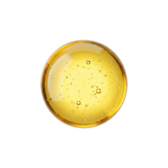 A single, perfectly round, golden yellow droplet with tiny air bubbles suspended within, isolated on a transparent background.