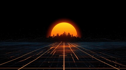 Retro synthwave sunset with neon city skyline and digital grid.

