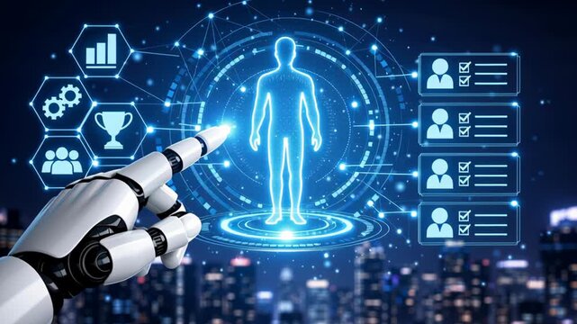 AI Online job search recruitment. HR automation system enhances hiring process by analyzing candidate resume efficiently, supporting leadership and growth through advanced technology and smart