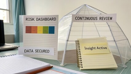 Insightful risk management dashboard with data secured notes and continuous review strategy in a modern workspace setting