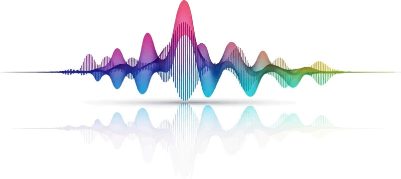 Vibrant, undulating 3D sound wave with a smooth reflection below, transitioning through a full spectrum of colors