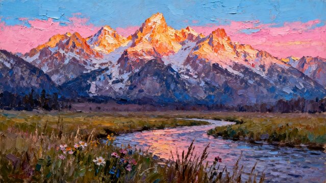Painting of a mountain range at sunset with a river flowing through a meadow - Powered by Adobe