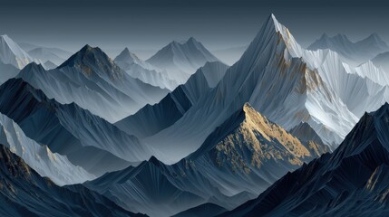 Majestic mountain peaks with snow caps and dramatic blue haze.

