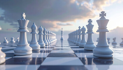 White chess pieces chessboard strategy competition leadership symmetry perspective sunrise light reflection focus depth