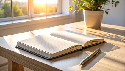 Open notebook lined page silver pen wooden desk morning light home office window plant minimal calm workspace