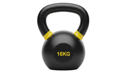 Black 16kg kettlebell with yellow handle isolated on transparent background PNG realistic illustration fitness equipment strength training weight gym workout tool home exercise stock asset