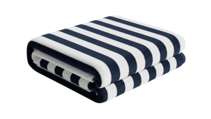Folded navy blue and white striped beach towel isolated on transparent background PNG vector illustration realistic summer accessory picnic blanket cozy fabric textile for relaxation stock asset
